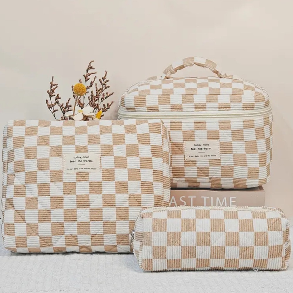 Checkered Beige and White Travel Bag Set